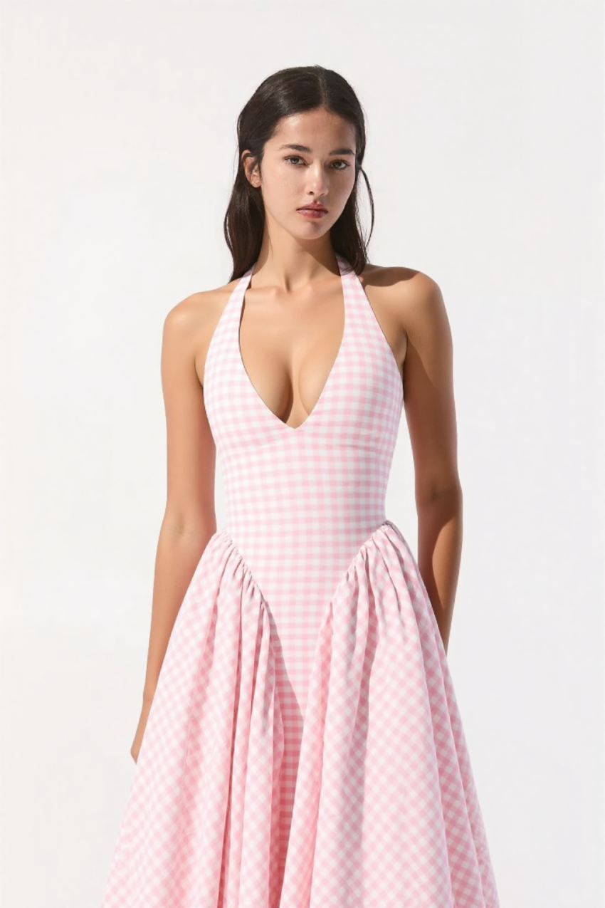 Nina | Gingham Halter Midi Dress